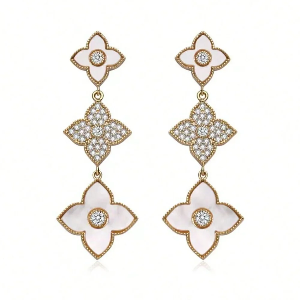 Gold Boho Womens Long Leaf & Flower Earrings Embedded With Rhinestones